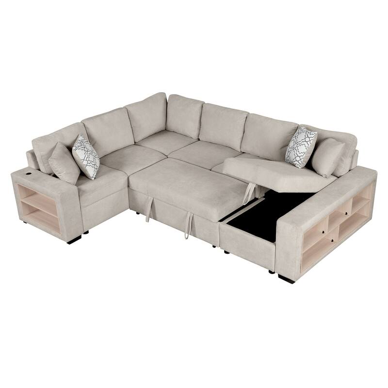 Roomfitters U-Shaped Sectional Sofa with Pull-Out Bed, Two USB Ports, Storage Chaise Lounge, and Four Back Pillows