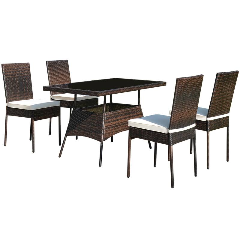 Costway 5 PCS Patio Rattan Dining Set Glass Table High Back Chair - 5-Piece