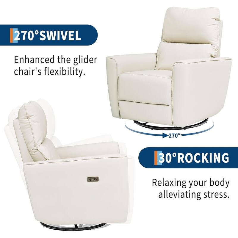 Power Recliner Swivel Chair Rockery Glider PU Leather Nursery Chair with USB Port