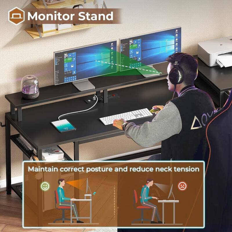 Office Desk 3 Fabric Drawers Computer Desk LED Lights & Power Outlet