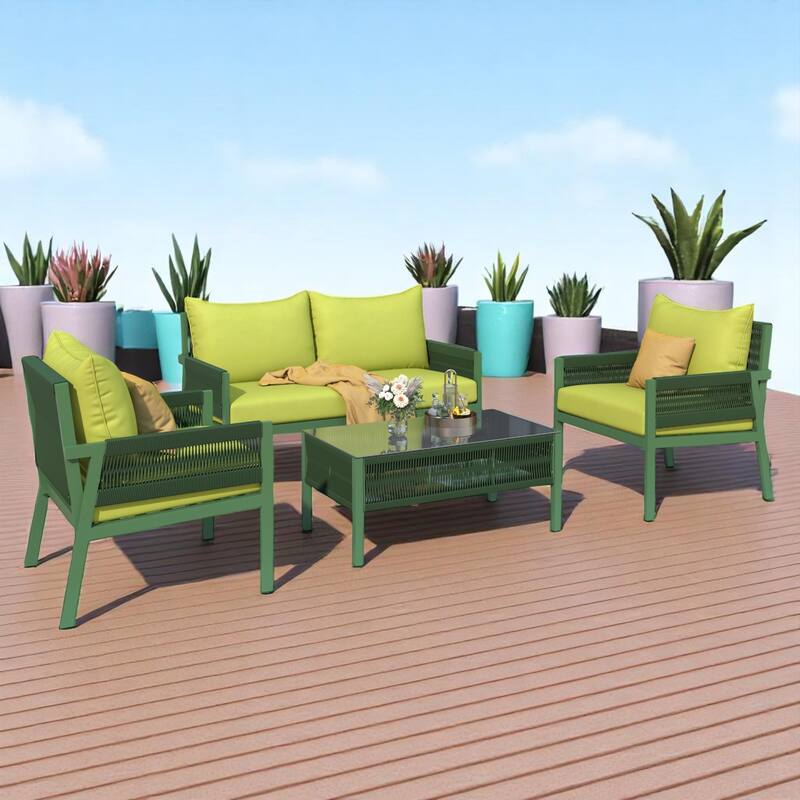 4-Piece Boho Patio Furniture Set with outdoor sofa Handmade Rope Weave,Tempered Glass Table, and Cushions-Patio Conversation Set