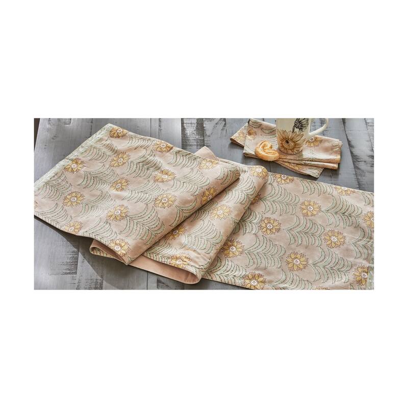 Sunflower Block Print Abstract Print on Brown Background Cotton Machine Washable Table Runner Décor Decoration, 72" x 14.5"-in.