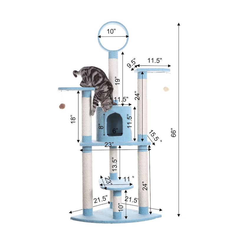 Classic Real Wood Cat Tree In Sky Blue,Five Levels With Perch, Condo