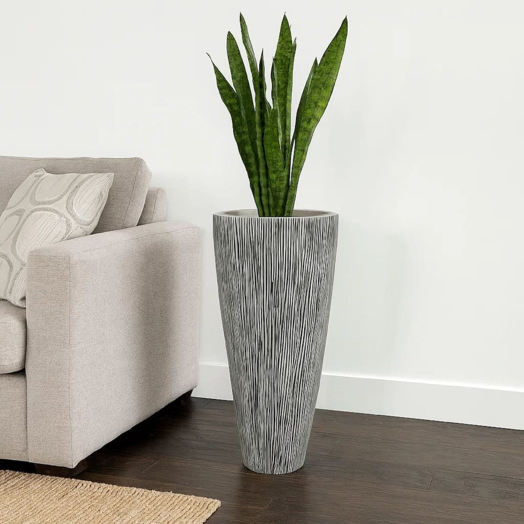 Hand Made Conical Ribbed Flower Vase Sandstone Planter, White