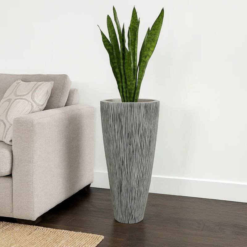 Hand Made Conical Ribbed Flower Vase Sandstone Planter, White