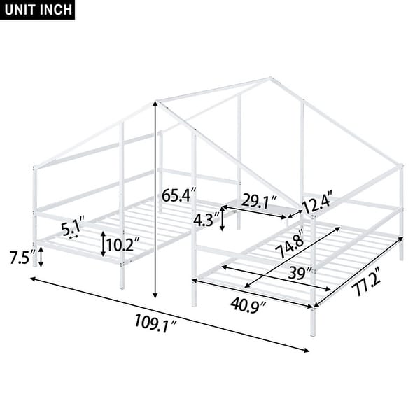 dimension image slide 1 of 2, Double Twin Size Metal Kids Platform Bed Frame, Modern House Bed with Built-in Small Bedside Table