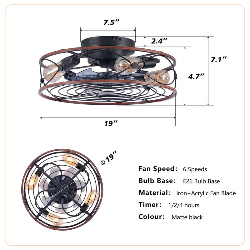 20'' Farmhouse Caged Ceiling Fan with Lights and Remote Control , Black Bladeless Reversible DC Motor Ceiling Fan