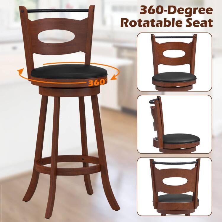 2 Pieces Swivel Bar Stools with Curved Backrest and Seat Cushions