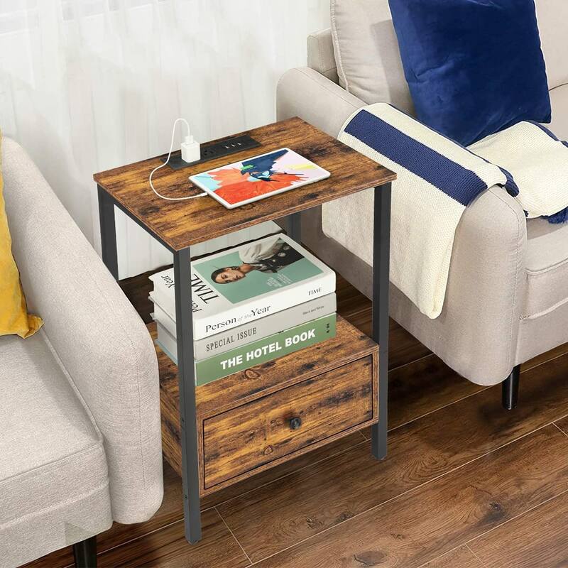 2 PCS Side Table with Charging Station with USB Ports & Power Outlets