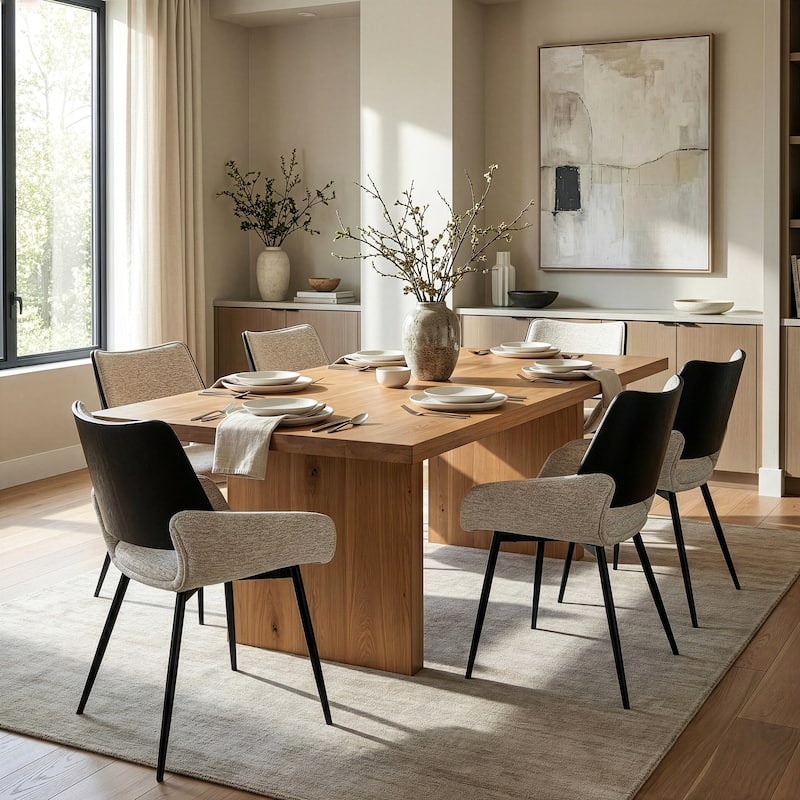 Set of 2 Bea White Two-Toned Linen Fabric Dining Chair with Black Iron Legs