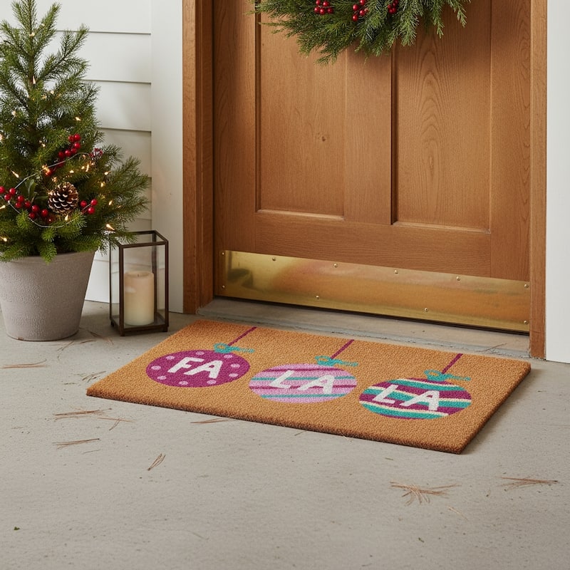 HomeRoots 17" X 29" Brown White And Pink Christmas Outdoor Coir Door Mat - 17.00' X '29.00 - 17.00' X '29.00