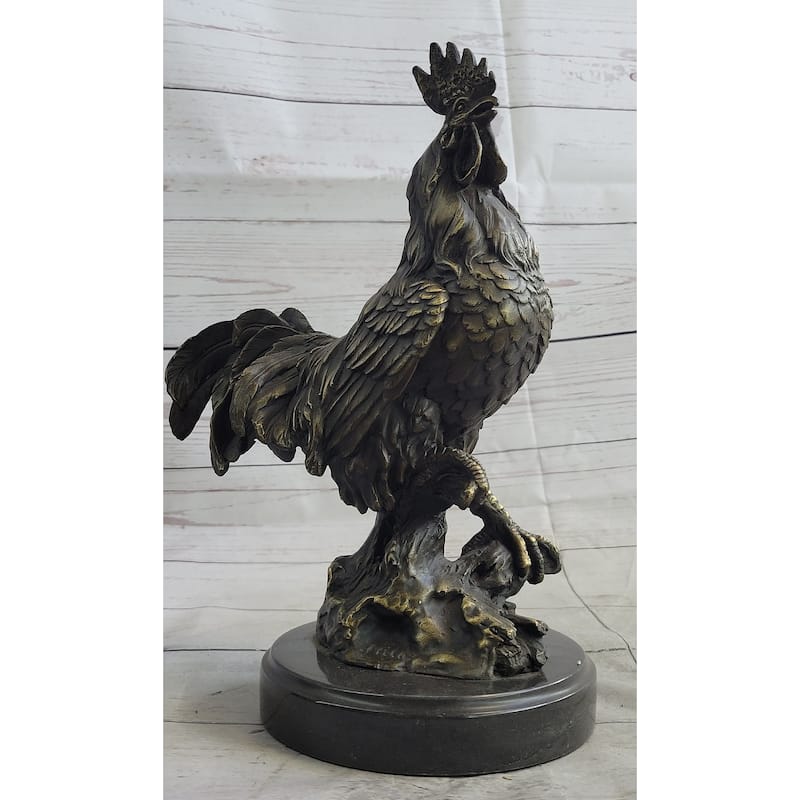 Rooster Chicken Farm Bronze Sculpture Statue Figure On Marble Base Signed Art Decor
