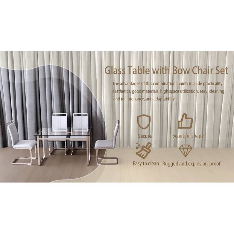 Modern 5-Piece Dining Set with Rectangular Glass Table & High Back Silver-Plated Legs Dining Armless Chairs