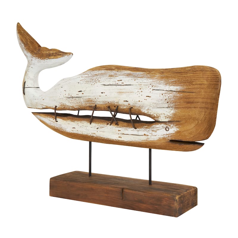 Brown Wood Handmade Whale Decorative Sculpture with Painted White Accents and Metal Details