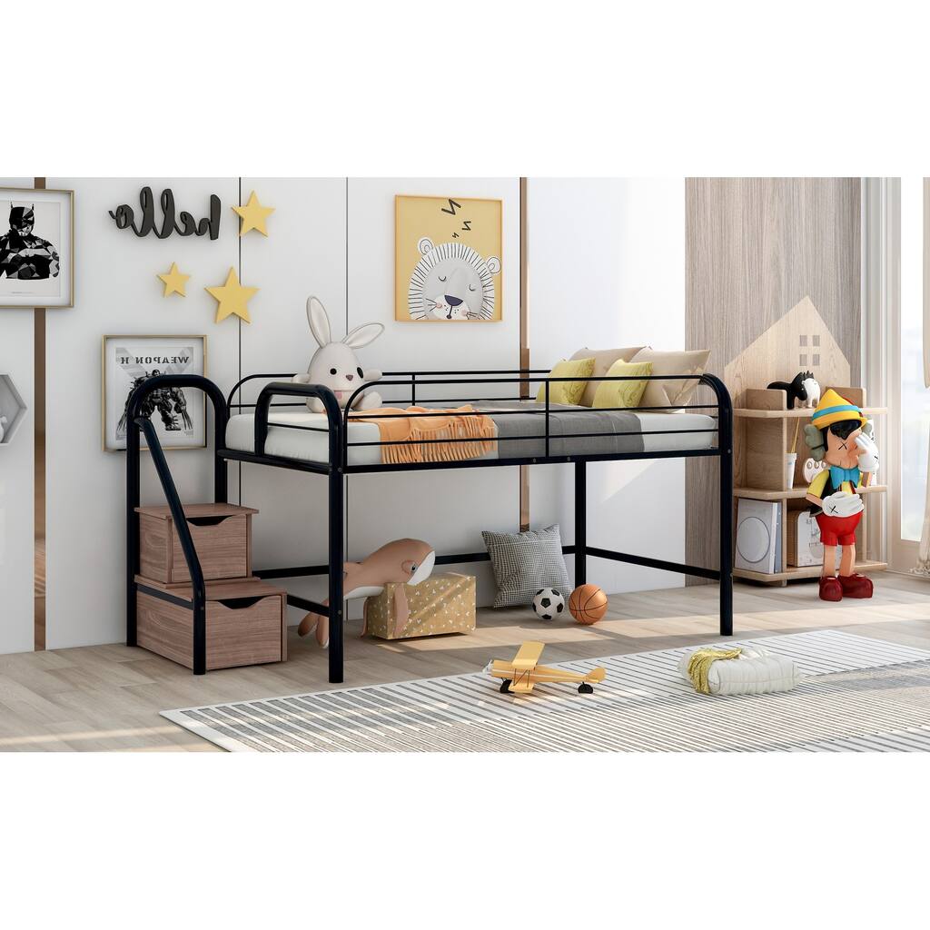 Low Loft Twin Metal Bed with Two Storage Steps