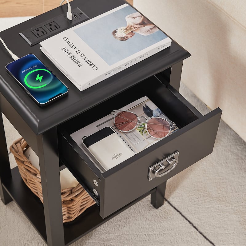 VECELO Mid Century Modern Nightstand with Charging Station and USB Port, Set of 2 Nightstands
