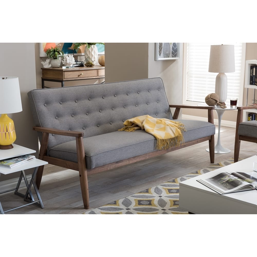Sorrento Mid-century Retro Modern Grey Fabric Upholstered Wooden 3-seater Sofa - 32.96"H x 70.59"W x 29.45"L