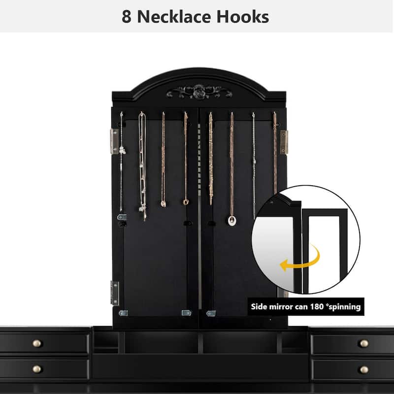 Gymax 7 Drawers Vanity Set Dressing Table w/ Tri-Folding Mirror Black