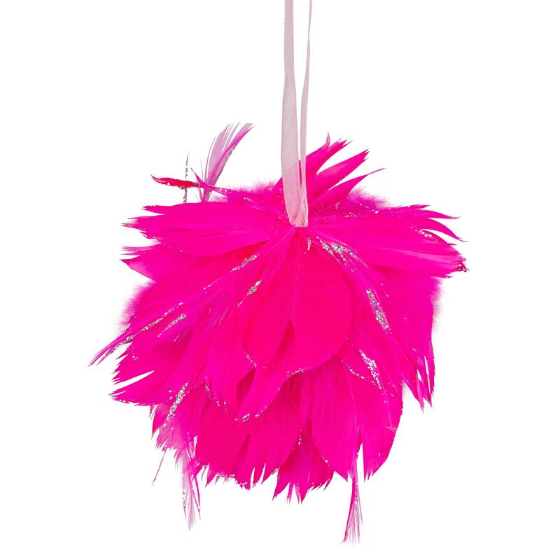 Glittered and Feathered Ball Christmas Ornament - 4" - Hot Pink