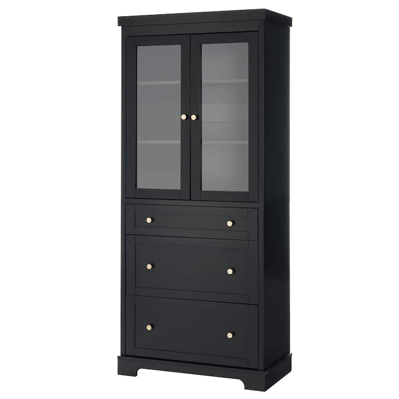 GDFStudio - Lilia Cabinet Modern MDF Freestanding Tall Storage 70.1 Inch with Glass Doors & Adjustable Shelves