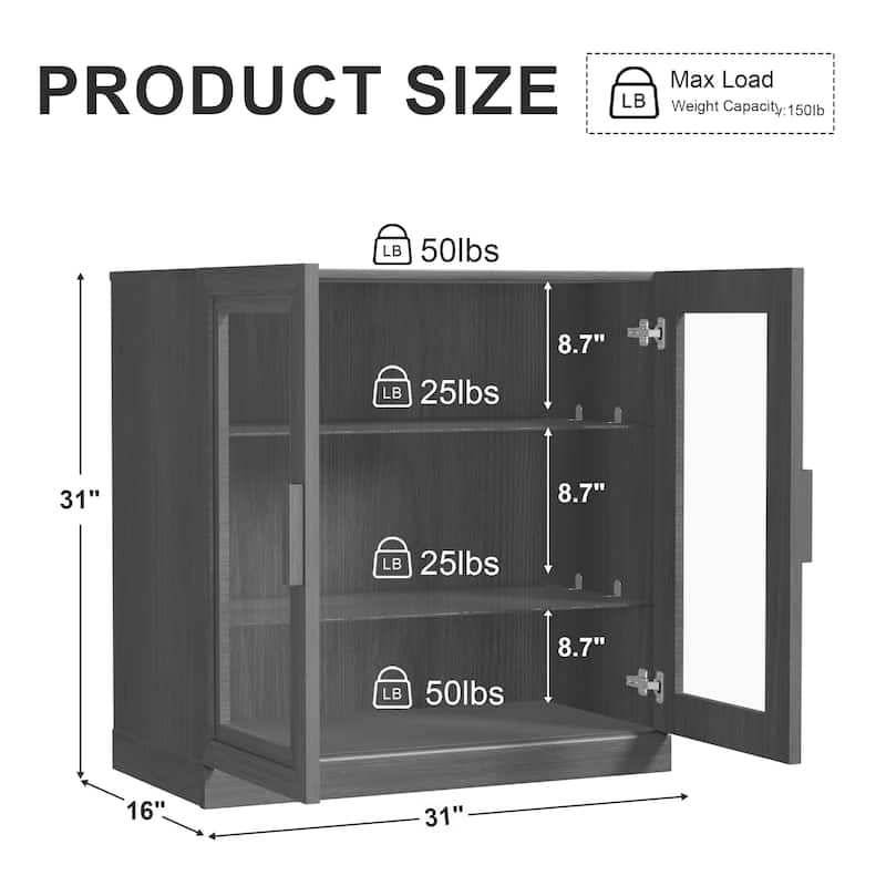 31"H Classic Storage Cabinet with Adjustable Shelves with Glass Door