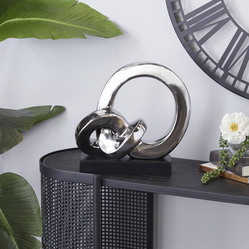 Silver Polystone Link Abstract Decorative Sculpture with Black Base - Silver