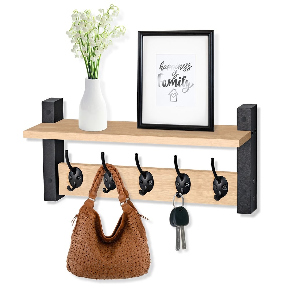 Sorbus Coat Hooks Wall Mount Floating Shelf with 5 Heavy Duty Hooks, Large and Extra Large
