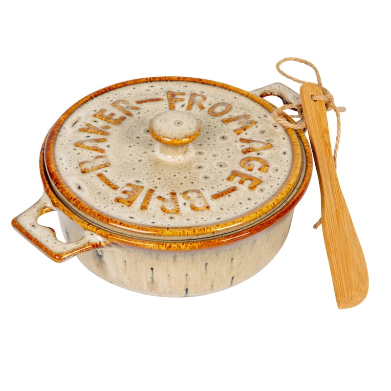 Stoneware Brie Baker with Bamboo Canapé Spreader Knife - 9.3"L x 7.0"W x 3.0"H