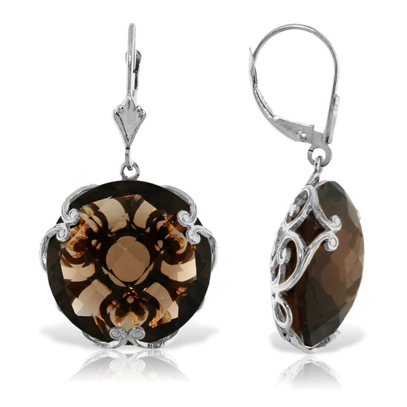 14K Solid Gold Leverback Gemstone Earrings Round Smoky Quartz Gemstone - White