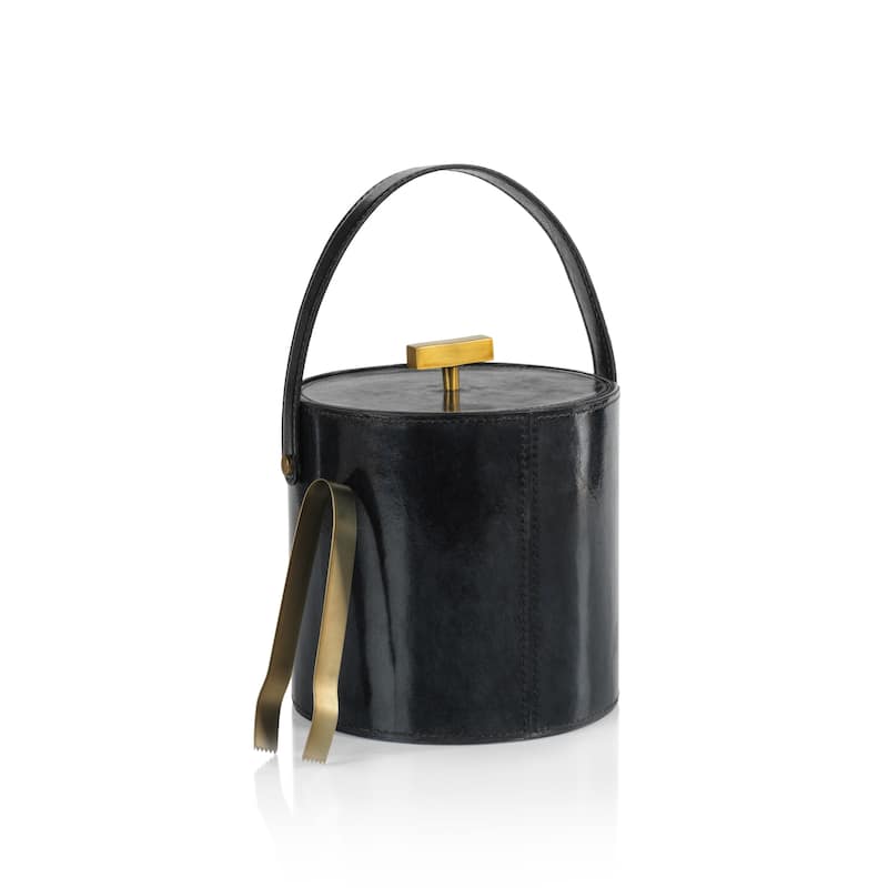 Somerstown Leather Ice Bucket with Gold Metal Ice Tong - 7.5" dia x 7.5"