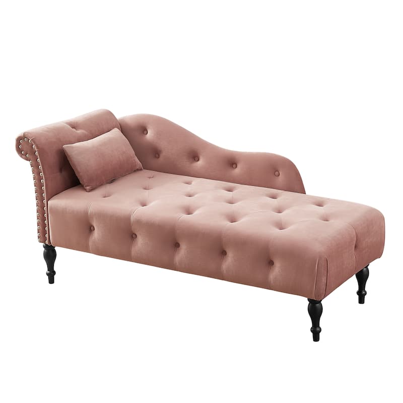 60.6"Velvet Chaise Lounge Buttons Tufted Nailhead Trimmed Solid Wood Legs with 1 Pillow(Left Arm Design as Shown in the Picture)