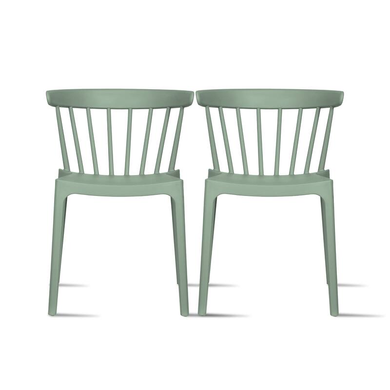 Set of 2 Stackable Modern Plastic Low Back Windsor Dining Chairs With Spindle Back For Kitchen Indoor Outdoor Patio Office - Green
