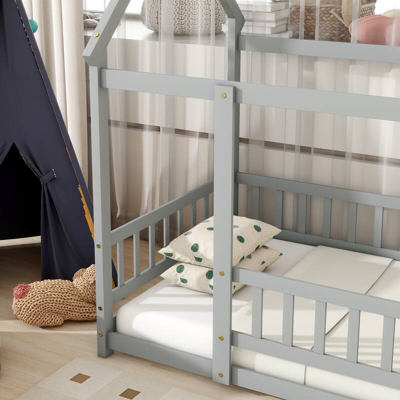 House Floor Wooden Bed with Roof Frame - Grey