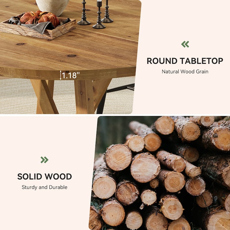 47 Inch Round Solid Wood Dining Table for 4-6, Farmhouse Kitchen Table - 47.24" D x 47.24" W x 29.53" H