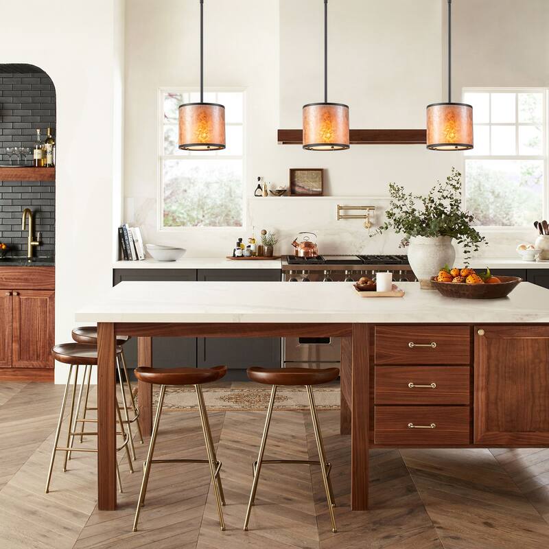 20" W and 8" W Rustic Matte Black Finish Tawny Mica Drum Pendant Light for Living Room & Bedroom