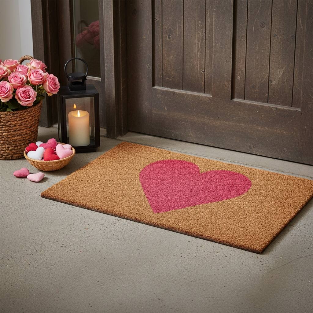 HomeRoots 20" X 34" Brown And Pink Heart Outdoor Coir Door Mat - 20.00' X '34.00