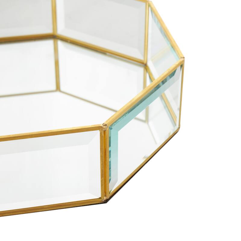 Clear Glass Beveled Wide Octagon Decorative Jewelry Box with Gold Metal Frame (Set of 2)