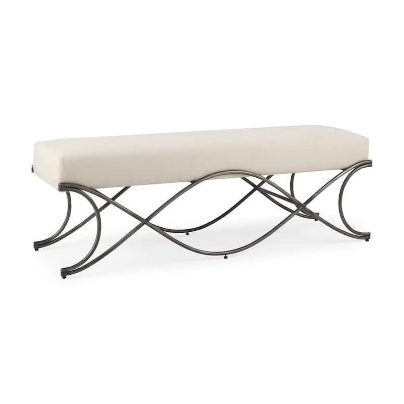HomeRoots 55" Cream and Nickel Fabric and Metal Upholstered Bench - 55 in. x 20.5 in. x 19.75 in.