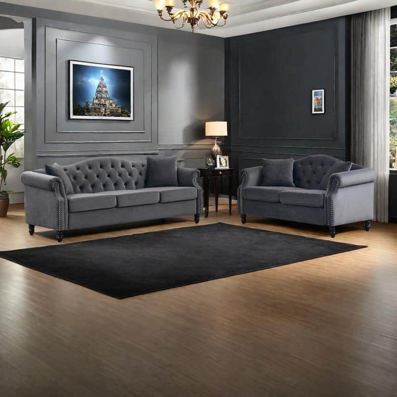 2-Pieces Chesterfield Velvet 3+2-Seater Combination Sofa Set with Nailhead Trim, Tufted Low Back, and Removable Cushions - Grey