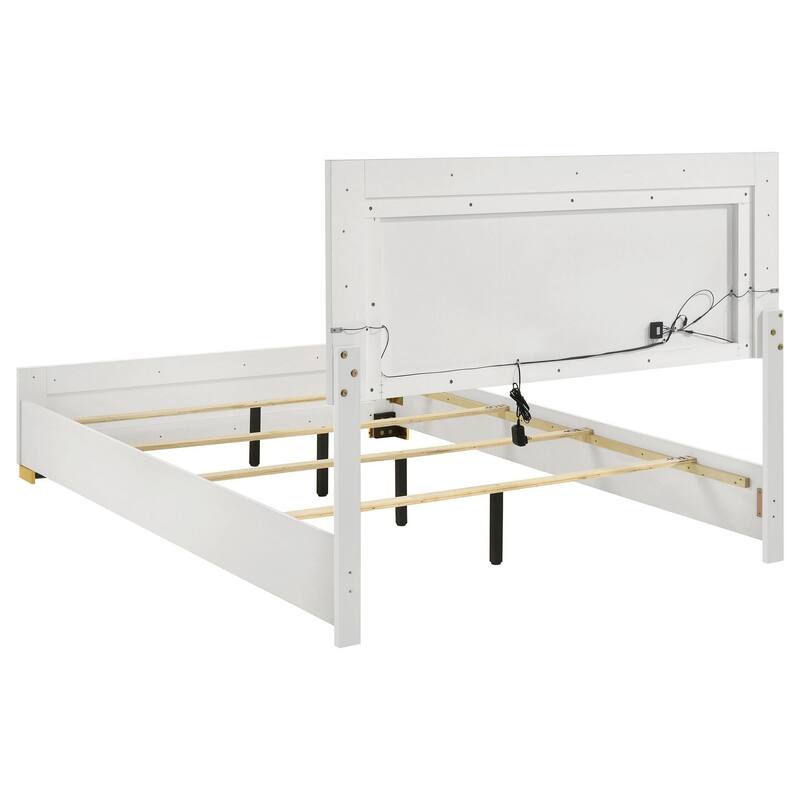 Dex 4 Piece Full Bedroom Set, White, Gold Accents, LED Headboard