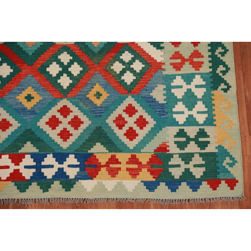 Hand Woven Oriental 100% Wool Carpet Southwestern Geometric Multi-Colored Kilim Area Rug - 8' 3'' X 5' 7''