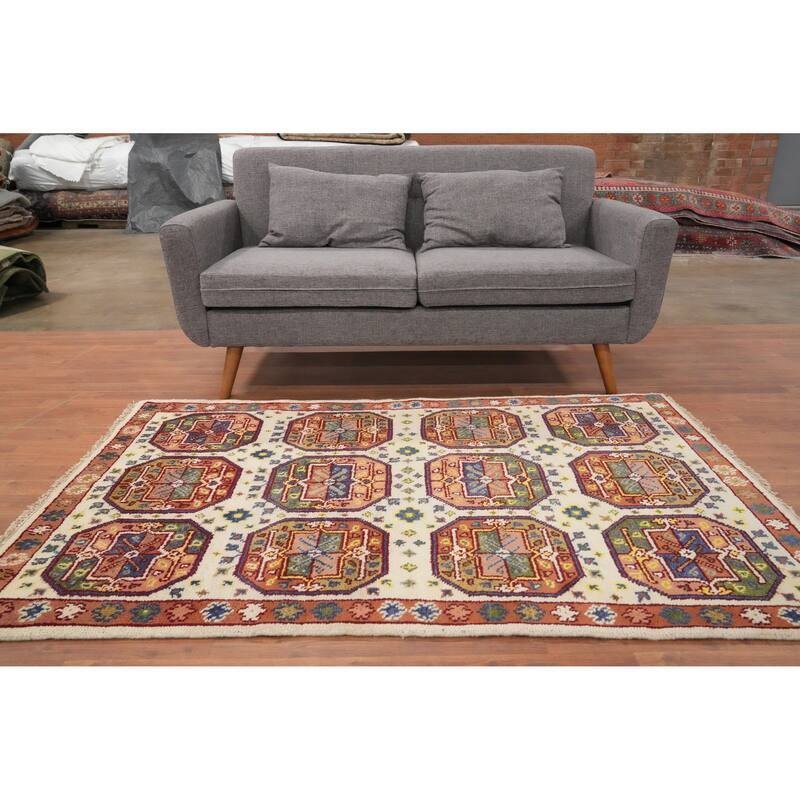 Hand Knotted Oriental 100% Wool Carpet Traditional Geometric Beige & Ivories Kazak Area Rug - 5' 11'' X 3' 10''