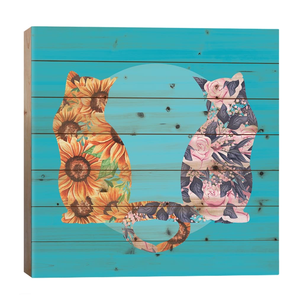 Flower Cats Sunflowers And Roses Print On Wood by Flo Art Studio - Multi-Color