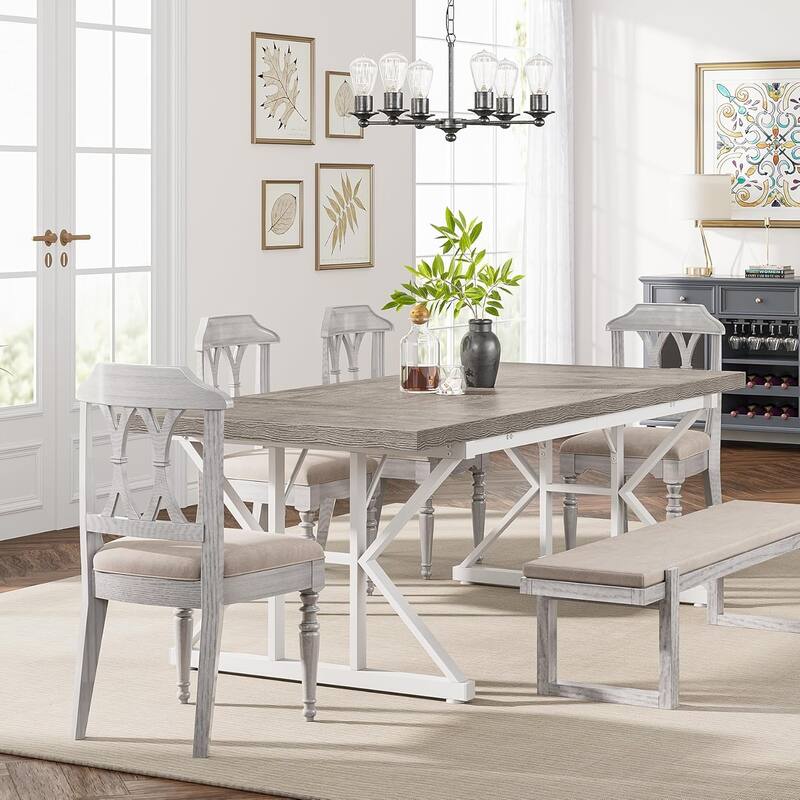 71" Dining Table for 6, Rustic Rectangular Kitchen Table with X-Trestle Metal Legs, Wood Top Dinner Table for Dining Room