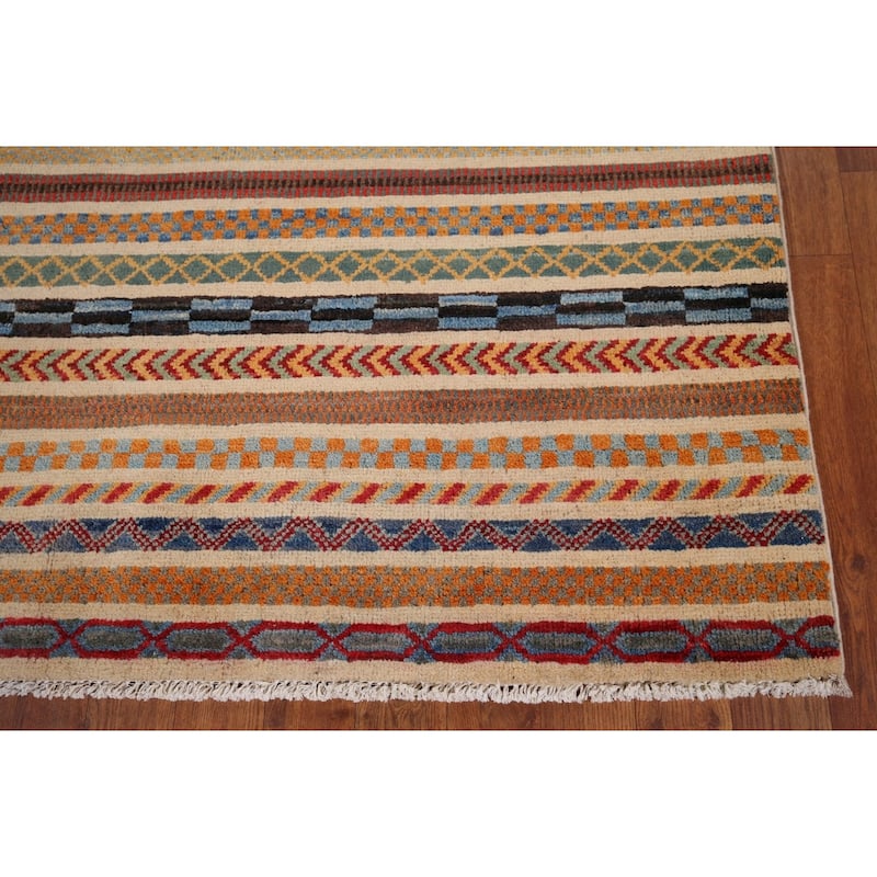 All-Over Striped Kazak Oriental Area Rug Hand-Knotted Wool Carpet - 3'11" x 5'11"
