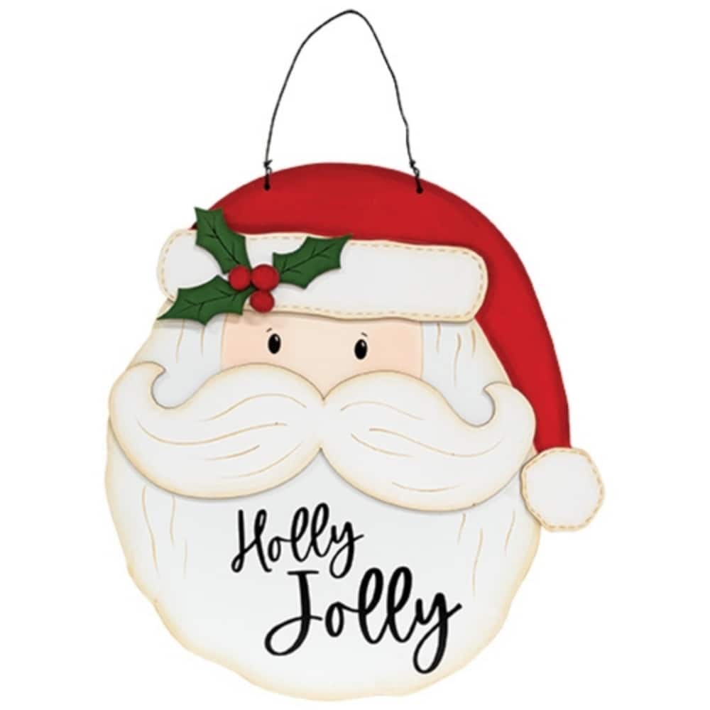 White Red Wooden Santa Hanger with Holly Jolly Design - 14 x 0.50 x 14 in.