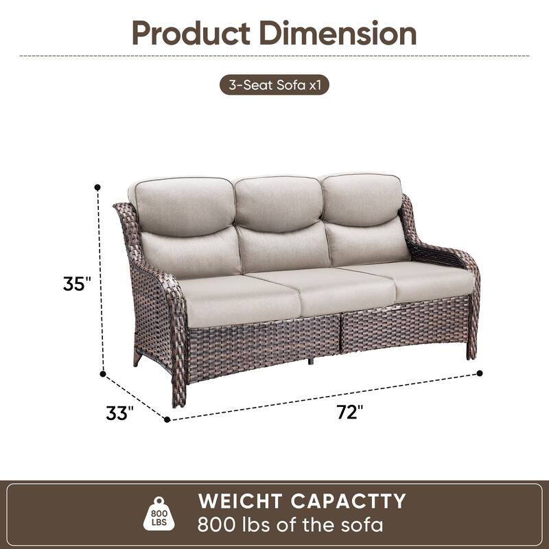 Pocassy Outdoor 3 Seat Sofa with 5 In Thick Cushion Patio Wicker Sofa