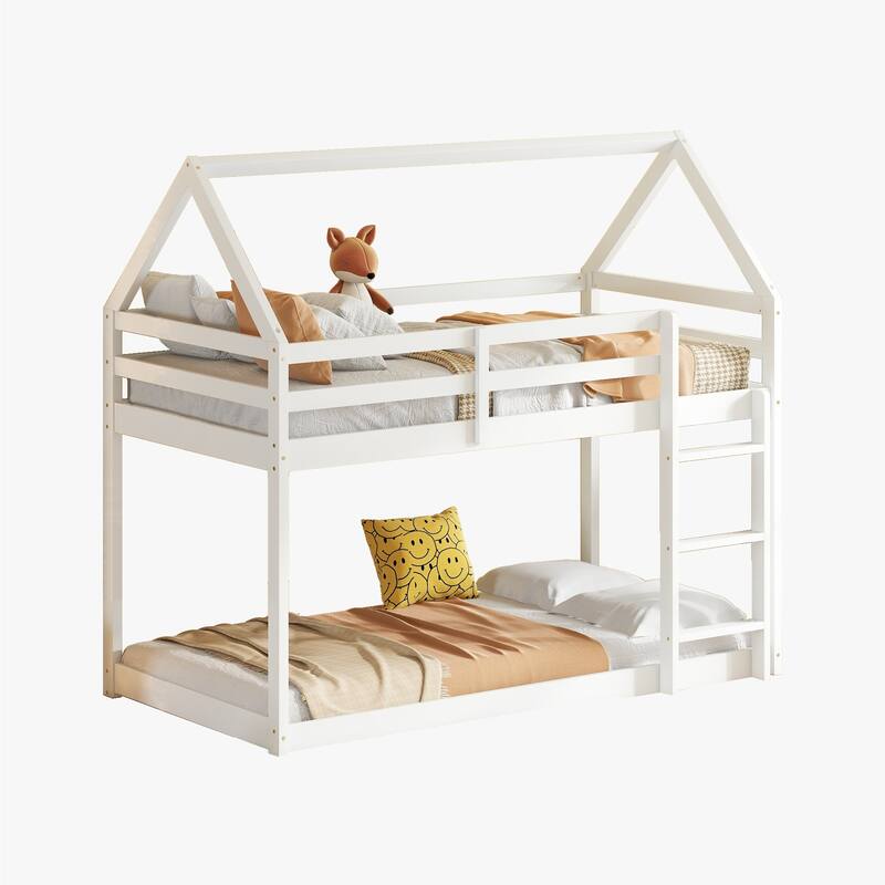 House-shaped Bed Frame, Twin Over Twin Low Bunk Bed with House Roof, No Slats Floor Bed, Ladder and Guardrails, Floor Bunk Bed