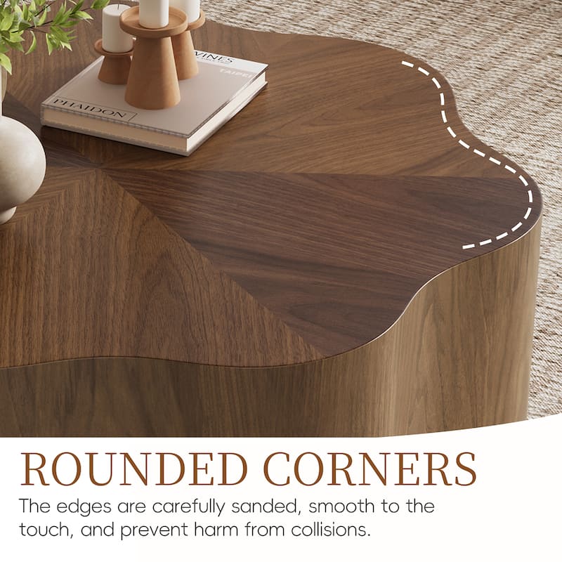 35" Mid Century Flower Shape Coffee Table, Solid Wood Veneer for Living Room, Brown