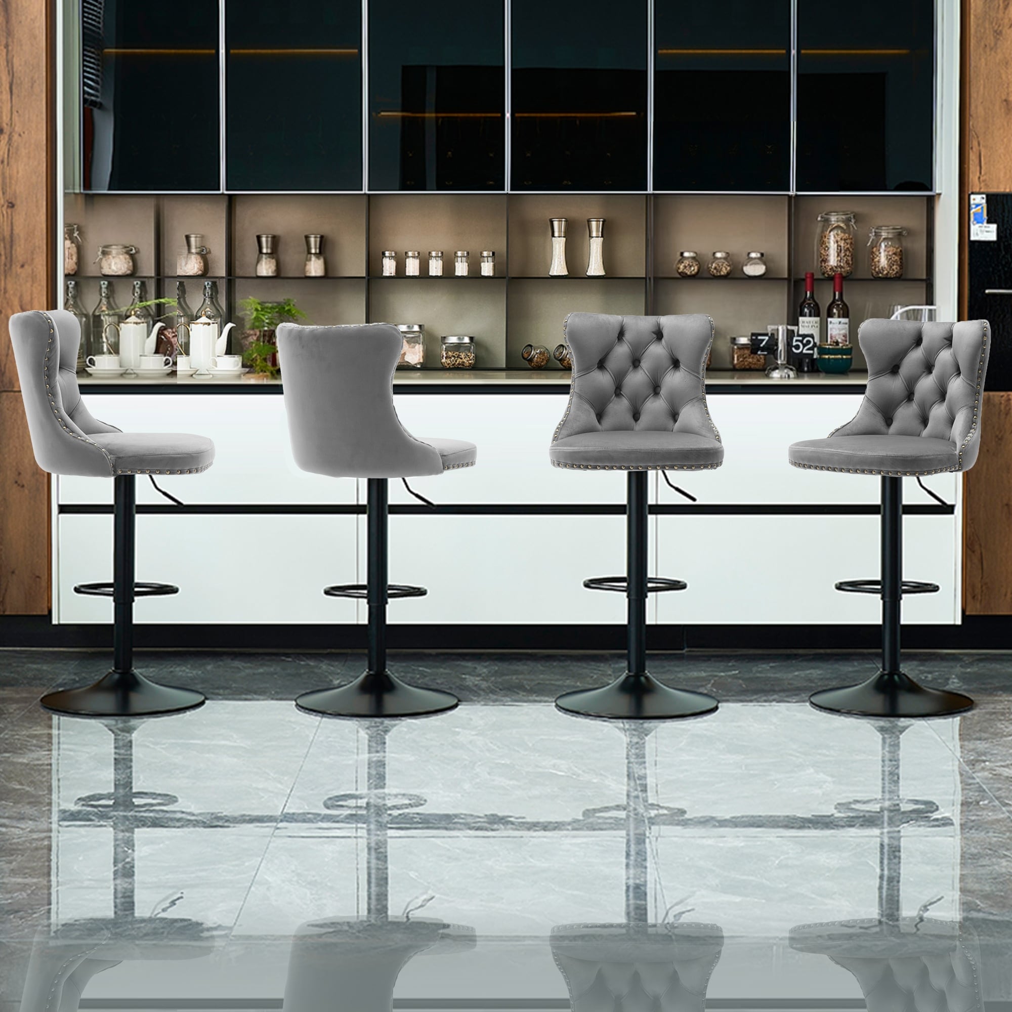 Velvet Adjustable Swivel Counter Height Barstools Set of 2